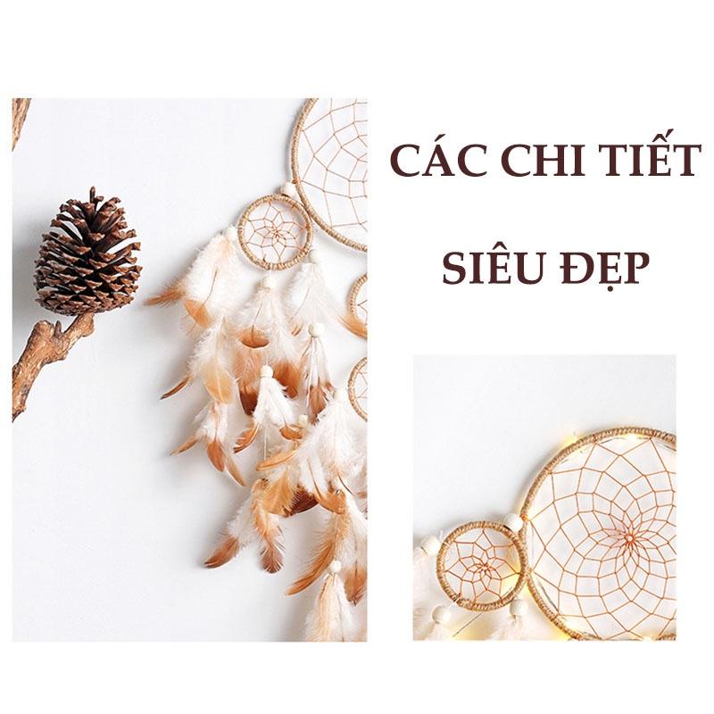 Dreamcatcher lông vũ gắn đèn, Đèn led trang trí phòng ngủ treo tường