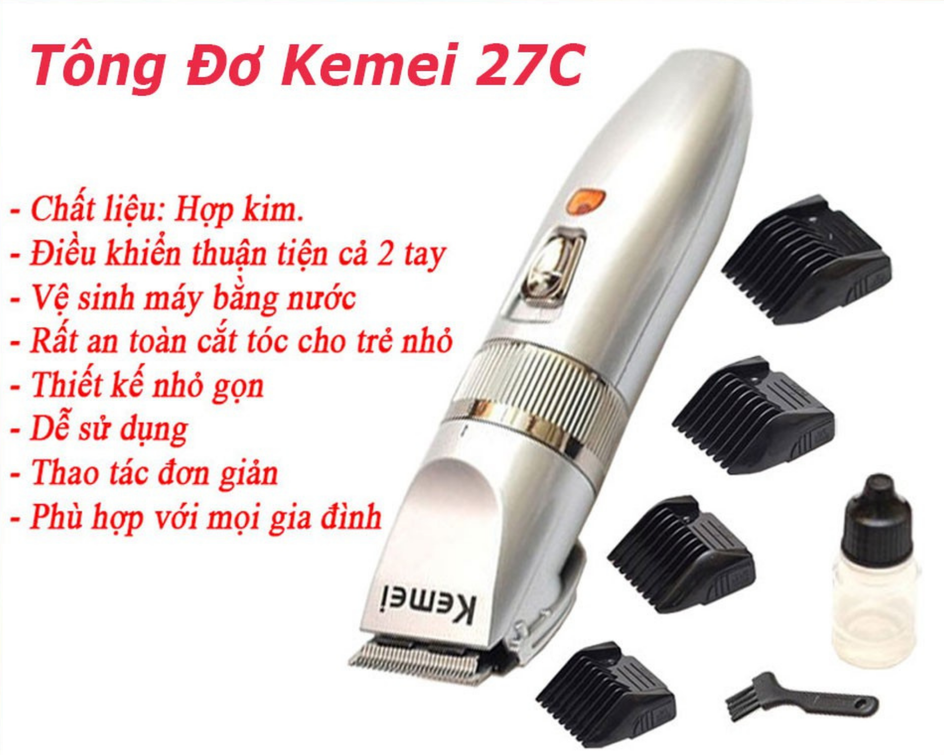 Tông Đơ Cắt Tóc Giá Tốt Máy Chạy Êm Không Dây Kemei KM 27C Chuyên Dụng Cắt Tóc Trẻ Em Sơ Sinh, Cá Nhân Nam Nữ và Gia Đình, Lưỡi Sứ An Toàn Dễ Sử Dụng Có 4 Mức Điều Chỉnh Lưỡi Kèm Giá Đỡ Thông Minh