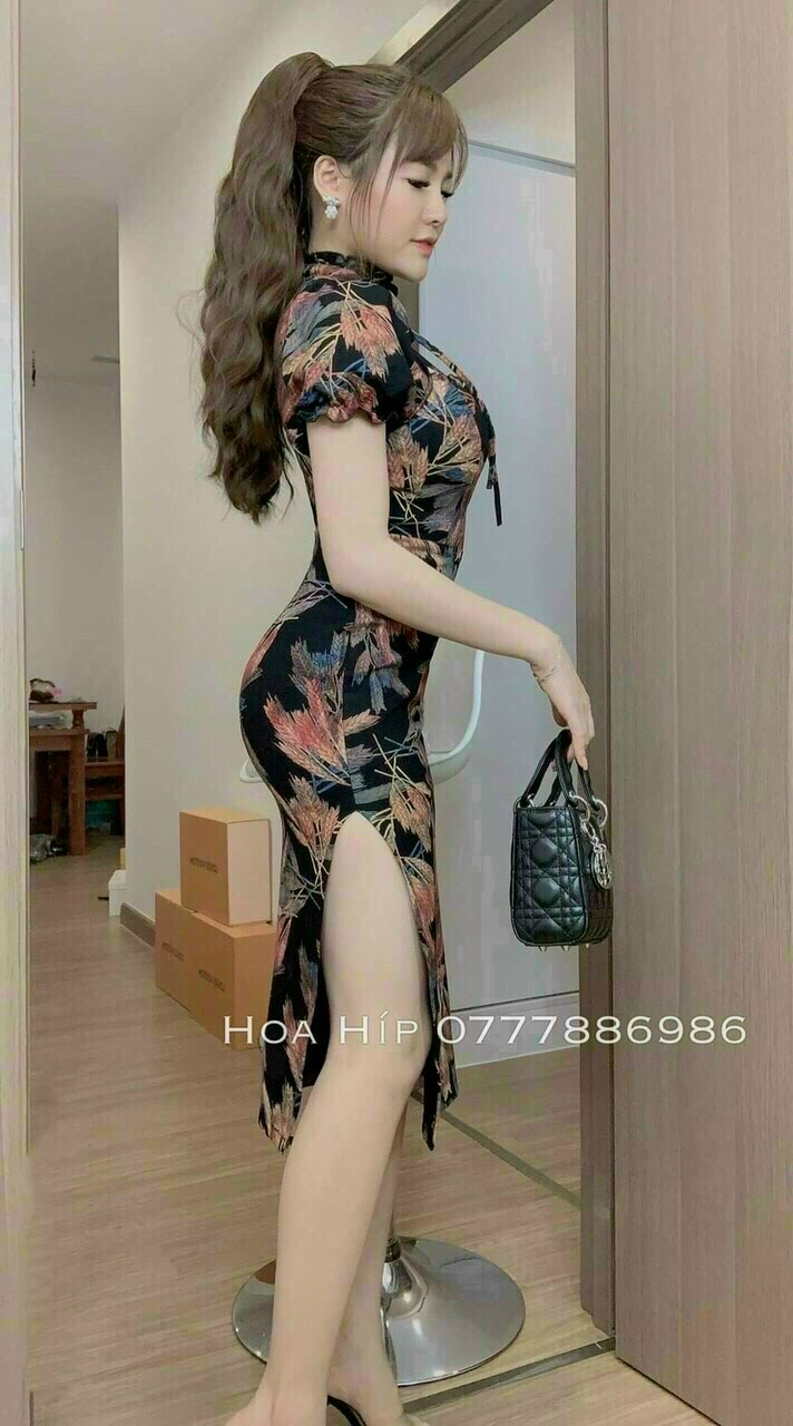Đầm họa tiết cổ Tàu xẻ tà cực thời trang