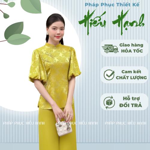 Đồ lam đi chùa chất gấm màu xanh cốm phối quần lụa, thiết kế tay phồng nữ tính điệu đà