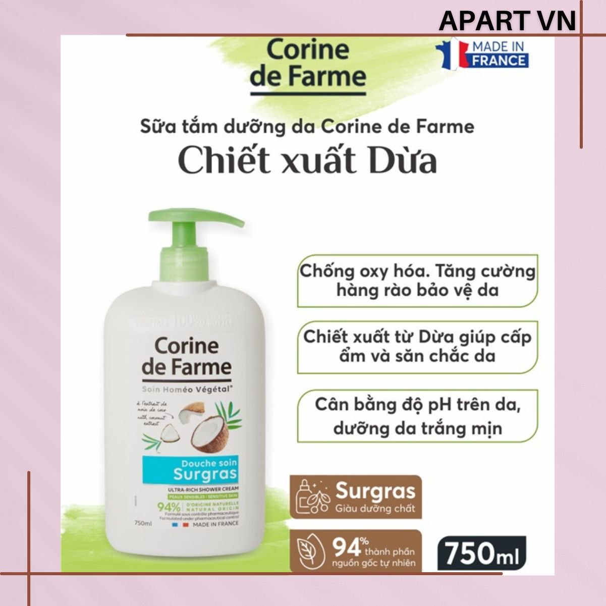 [ Tặng muối tắm 100g ] Sữa tắm dưỡng da Corine de Farme chiết xuất dừa 750ML