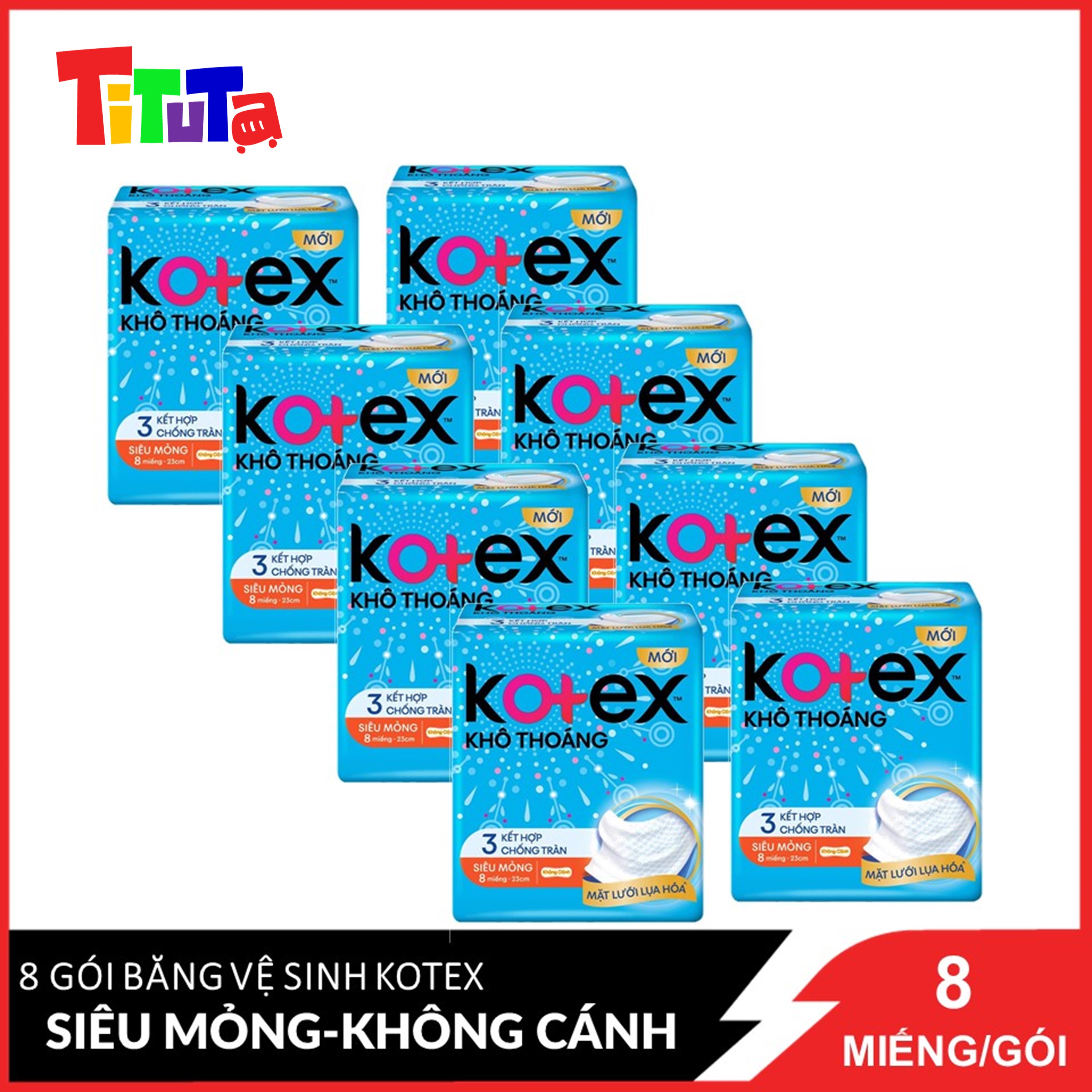 Combo 8 Băng Vệ Sinh Kotex Khô Thoáng 23cm Siêu Mỏng Không Cánh 8 Miếngx8