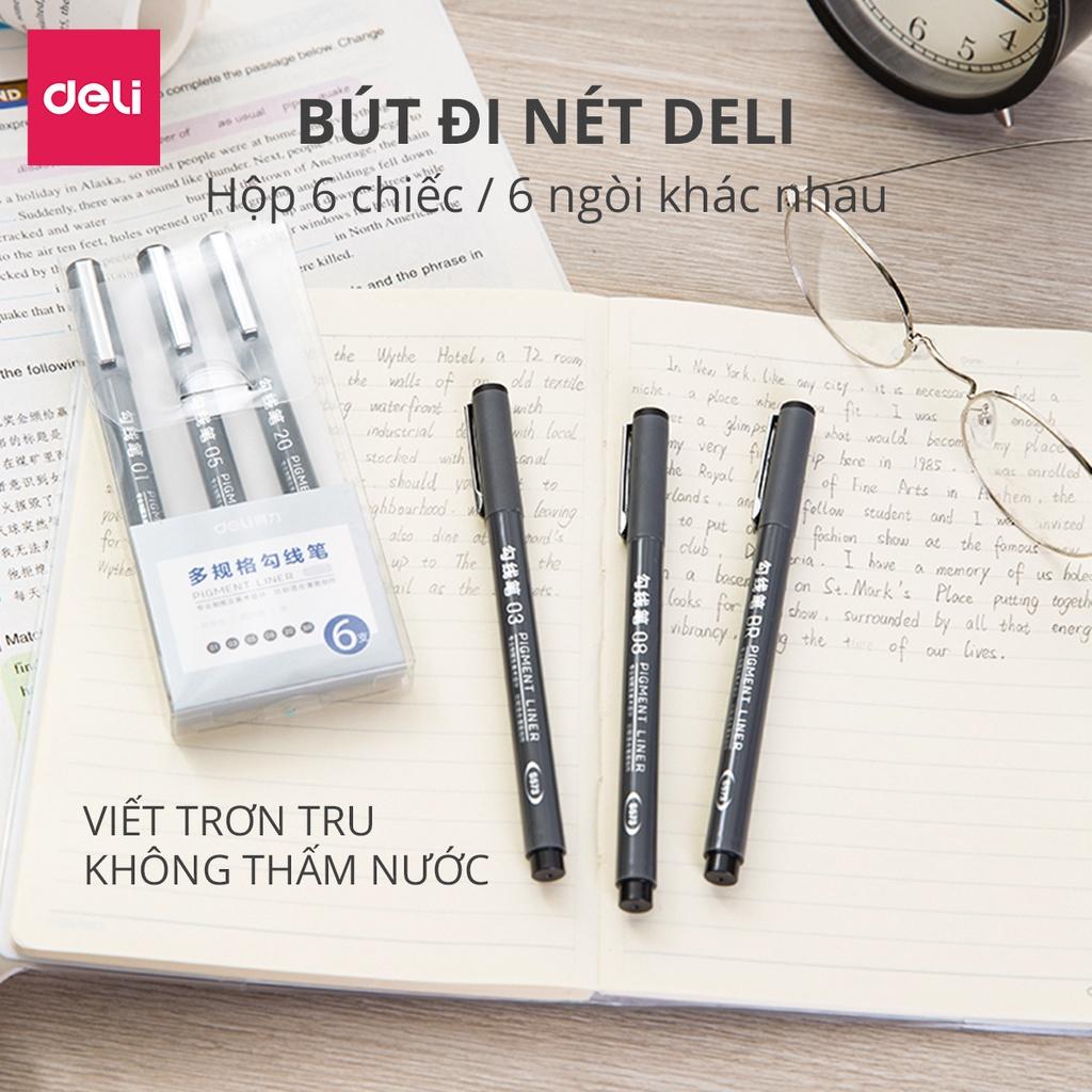 Bút kỹ thuật đi nét nhiều ngòi màu đen Deli - kháng nước - vẽ caligraphy phác thảo - bộ 6 chiếc - S573 .