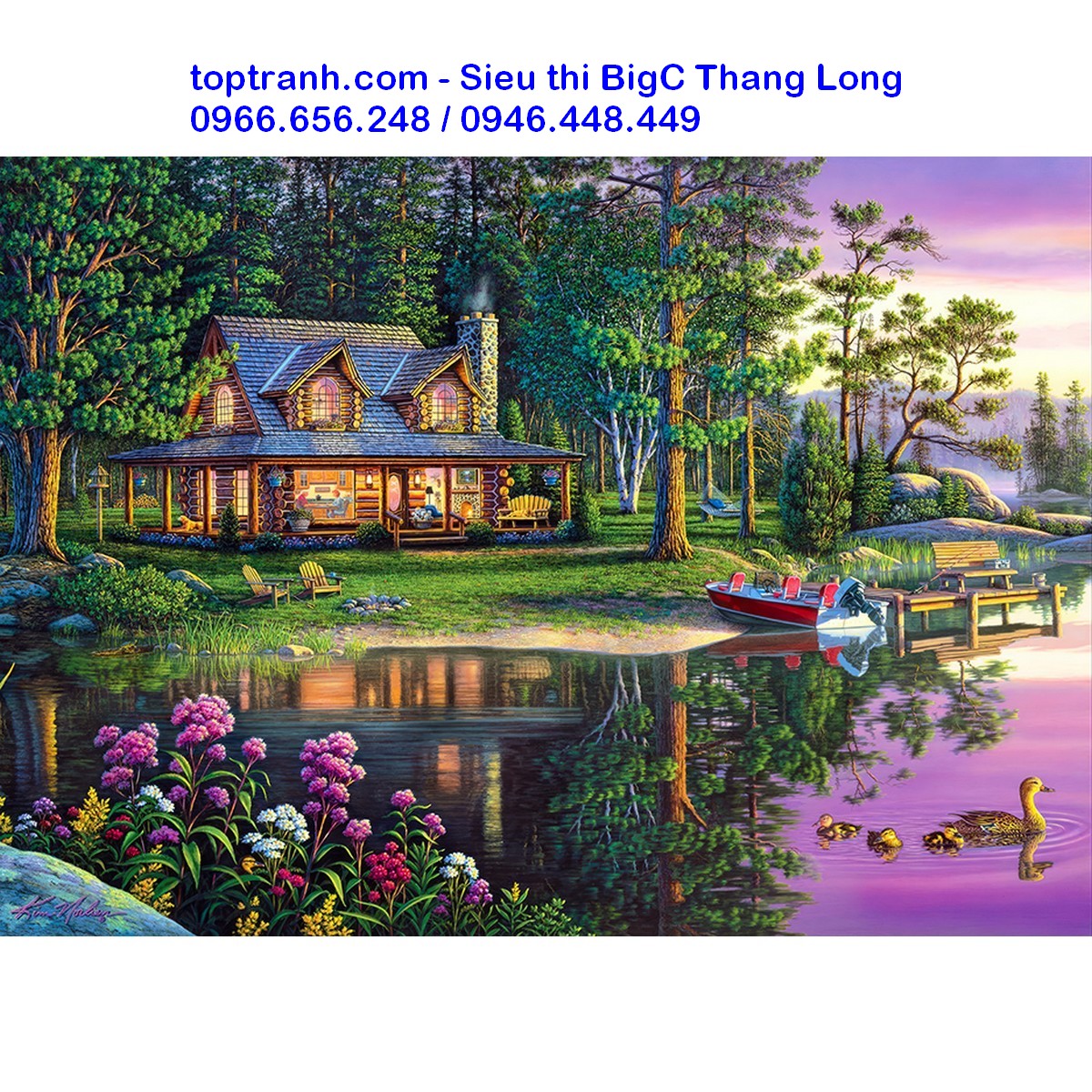 Tranh thêu chữ thập ngôi nhà ven hồ E282 thêu kín chưa thêu