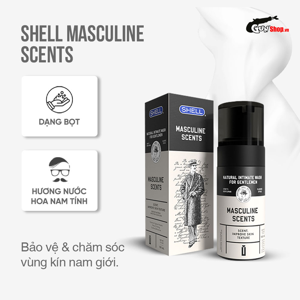 Dung dịch vệ sinh nam dạng bọt, hương thơm nam tính - Shell Masculine Scents kèm 1 chiếc BCS Gun Super Thin