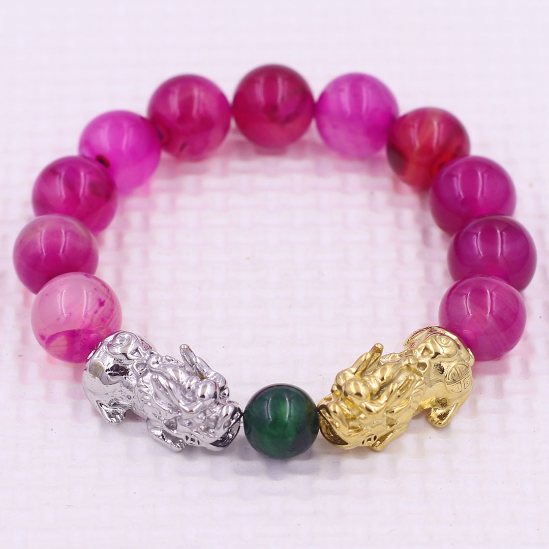 Vòng chuỗi đeo tay mã não hồng sọc 12 ly charm tỳ hưu đôi inox trắng và vàng, vòng chuỗi phong thủy, charm tỳ hưu, vòng tay hạt chuỗi