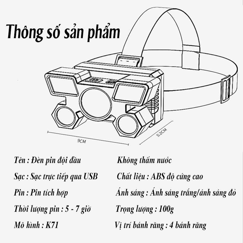 Đèn Pin Đội Đầu 5 Bóng Siêu Sáng Tích Điện Có Dây Đeo Đầu Chống Nước Tiện Lợi.