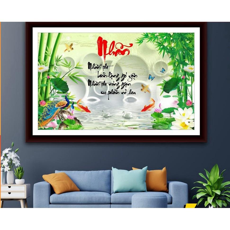 Tranh thêu thư pháp chữ nhẫn hoa sen LV3399 - kích thước: 80 * 45cm. (TRANH CHƯA LÀM)