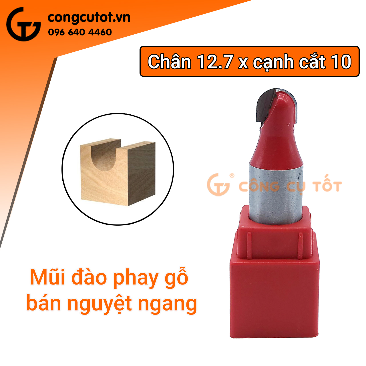Mũi đào phay gỗ bán nguyệt ngang 1/2*3/8 chân 12.7mm cạnh cắt 10mm