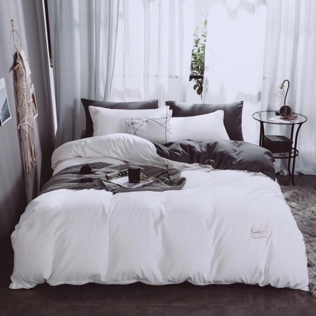 Bộ Chăn Ga Gối Cotton Đũi - Trắng Phối Ghi