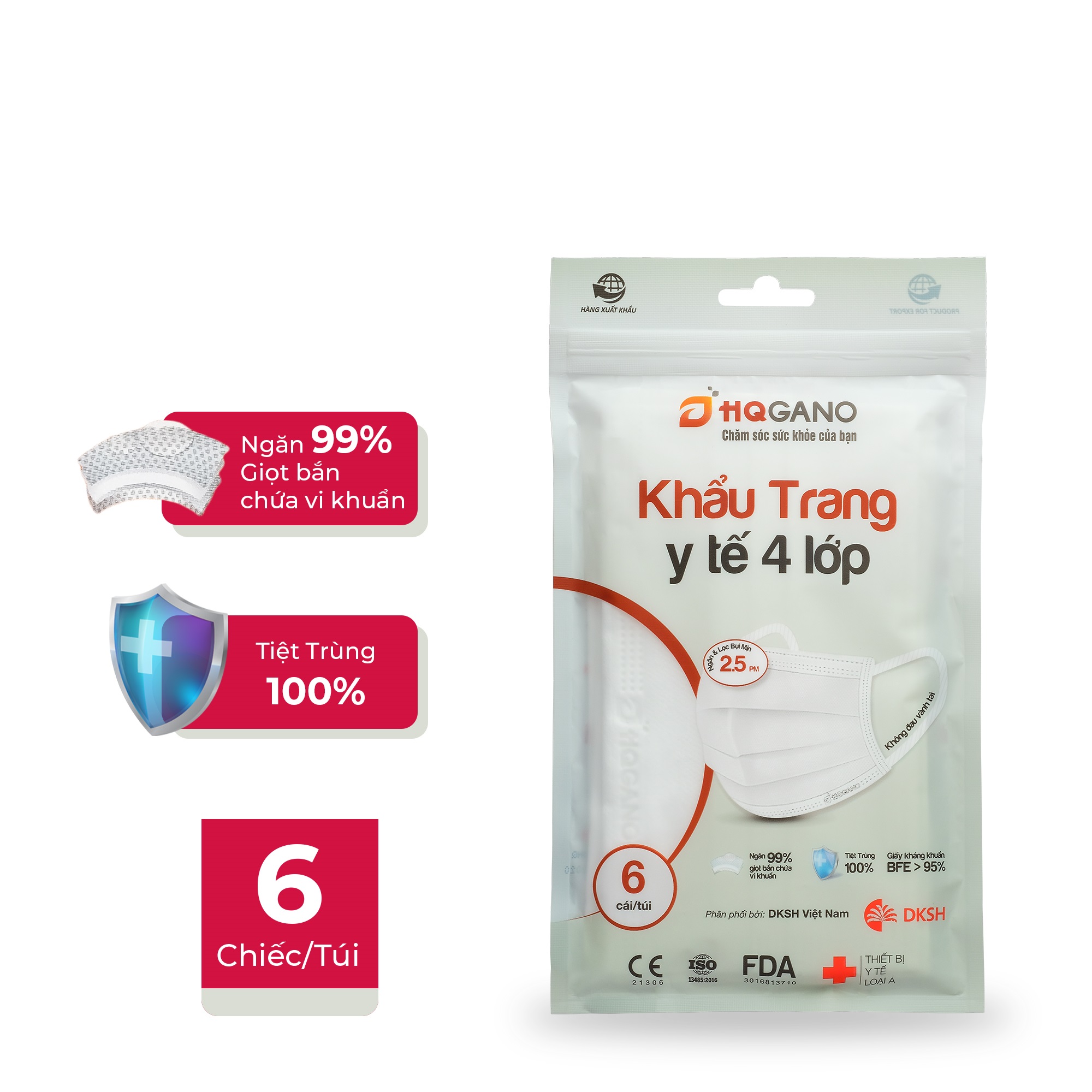 Gói khẩu trang y tế 4 lớp HQGano (6 cái/túi)