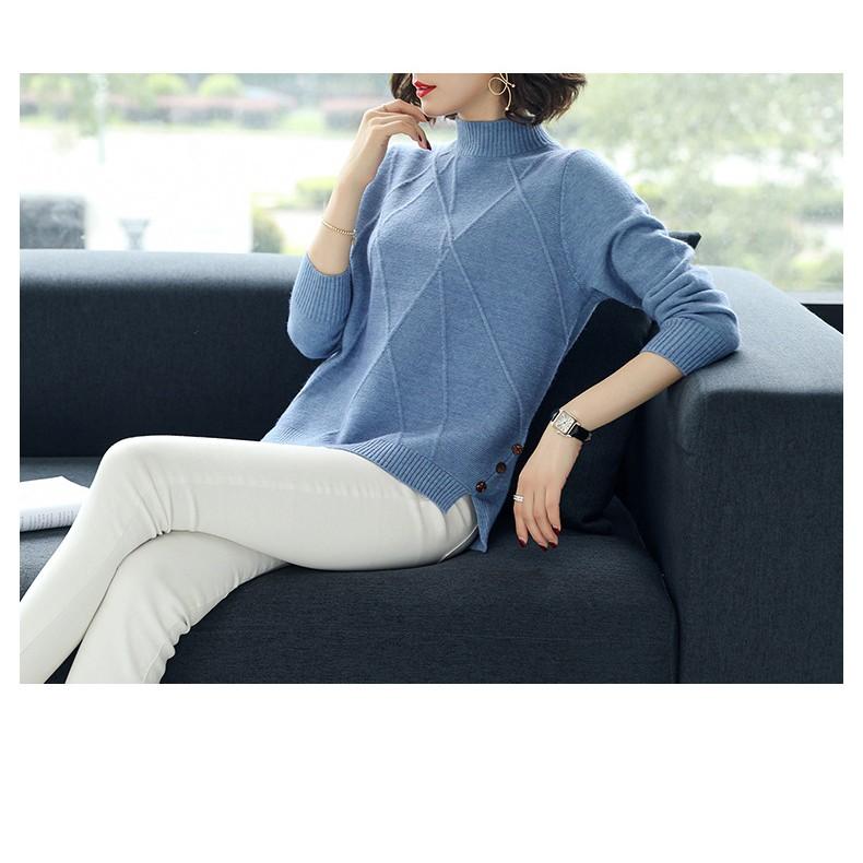 Áo len nữ cổ 3 phân màu xanh dương nổi bật Al19