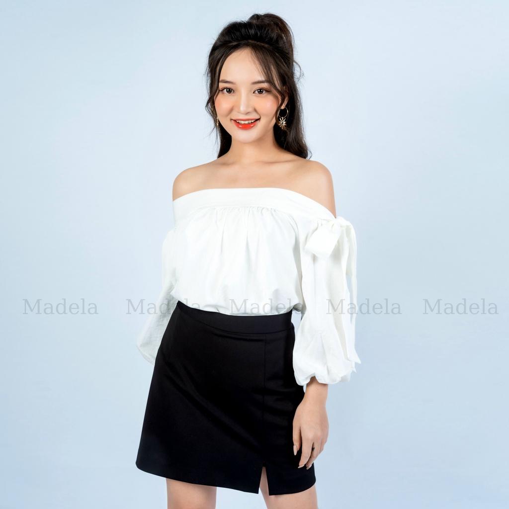 Áo kiểu nữ trễ vai đẹp tay ngắn buộc nơ Madela Chuẩn style Hàn Quốc, Áo babydoll bánh bèo dễ thương, Áo bẹt vai ngắn tay thắt nơ vai baby -AK03