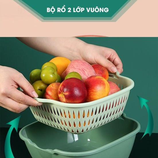 Bộ 3 rổ vuông 2 lớp Việt Nhật - Bộ rổ kèm chậu hứng nước rửa rau củ đựng hoa quả trái cây