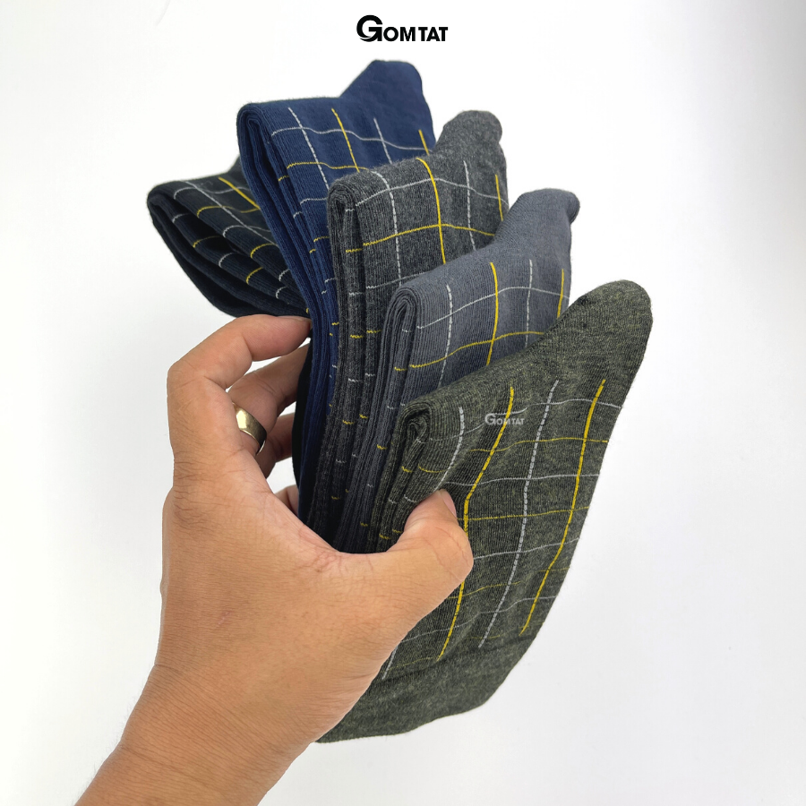 Hộp 5 đôi tất giày tây cổ cao Gom Tất họa tiết caro chất liệu cotton cao cấp hút ẩm thoáng khí - GOM-TAYCARO-CB5