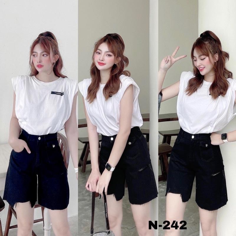 Quần jean nữa ngố ống rộng rách lai túi hộp màu đen, xanh Ms 242