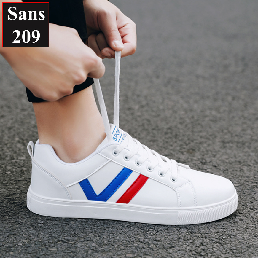 Giày thể thao nam sneaker Sans209 giầy sport trắng cổ thấp đế bệt sọc đen đỏ vàng bền đẹp thời trang hàn quốc trẻ trung