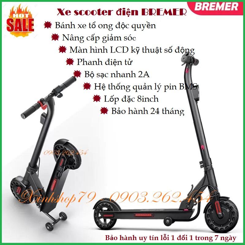 Xe scooter điện BREMER gấp gọn, pin 36v, sạc nhanh 2A, phanh điện tử, lốp đặc tổ ong độc quyền, giảm sóc nâng cấp