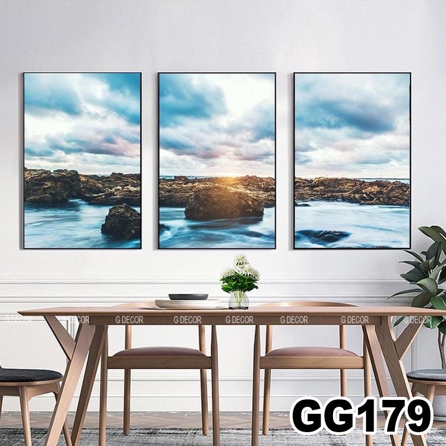 Tranh treo tường canvas 3 bức phong cách hiện đại Bắc Âu 171, tranh biển xanh trang trí phòng khách, phòng ngủ, spa