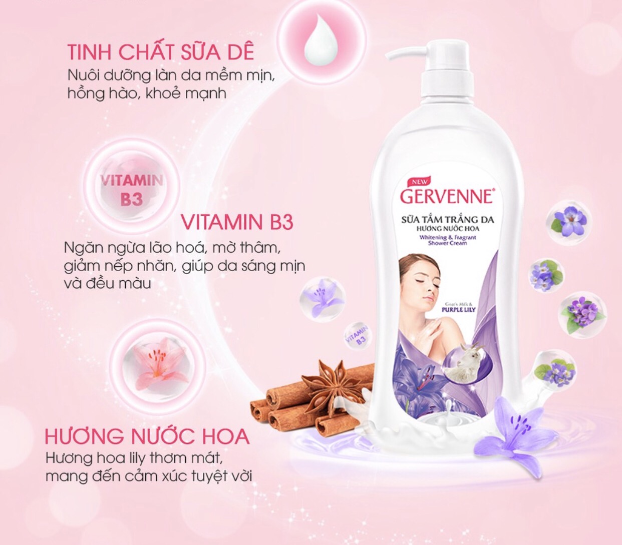 Sữa tắm trắng da Gervenne Purple Lily 900gr+Tặng Lăn khử mùi trắng da Gervenne Purple Lily 50gr