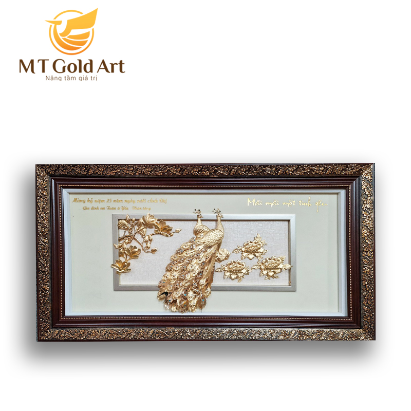 Tranh Đôi Chim công dát vàng (42x81cm) MT Gold Art- Hàng chính hãng, trang trí nhà cửa, phòng làm việc, quà tặng sếp, đối tác, khách hàng, tân gia, khai trương 