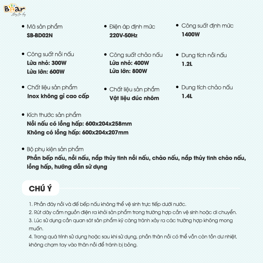 Bộ Bếp Điện Đôi Bear Kèm Nồi Chảo Đa Năng Hấp Luộc Chiên Tiện Lợi Tiết Kiệm Chi Phí Dễ Vệ Sinh SB-BD02N - HÀNG CHÍNH HÃNG