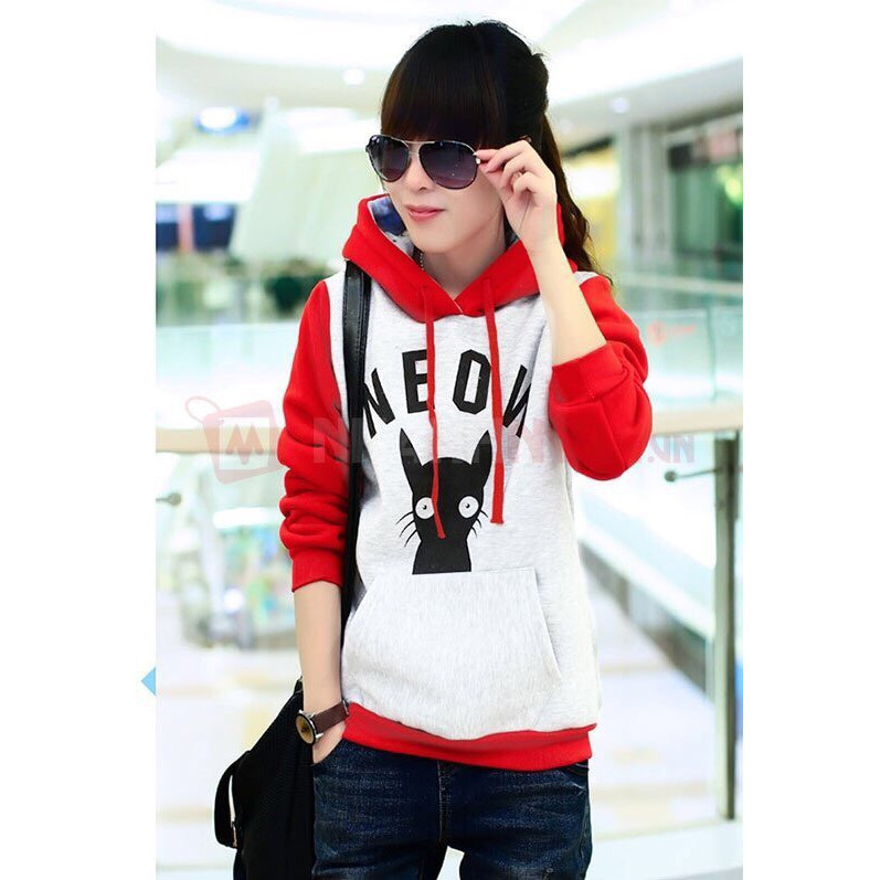 Áo hoodie nữ phối tay - nón chất nỉ ngoại in NEOW. Có ảnh thật treo