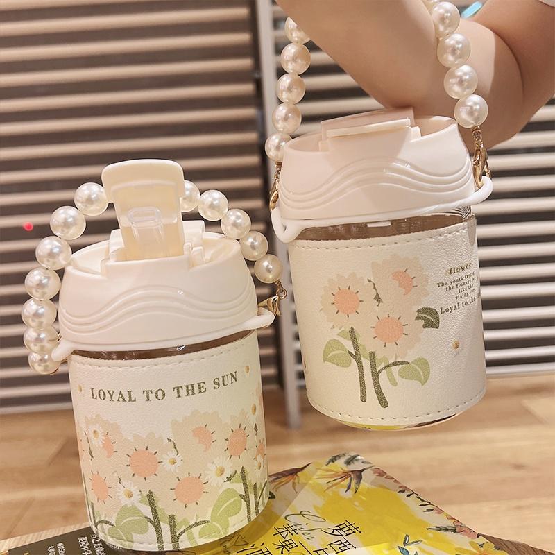 Bình thủy tinh quai hạt ngọc hình hoa tulip có ống hút 400ml