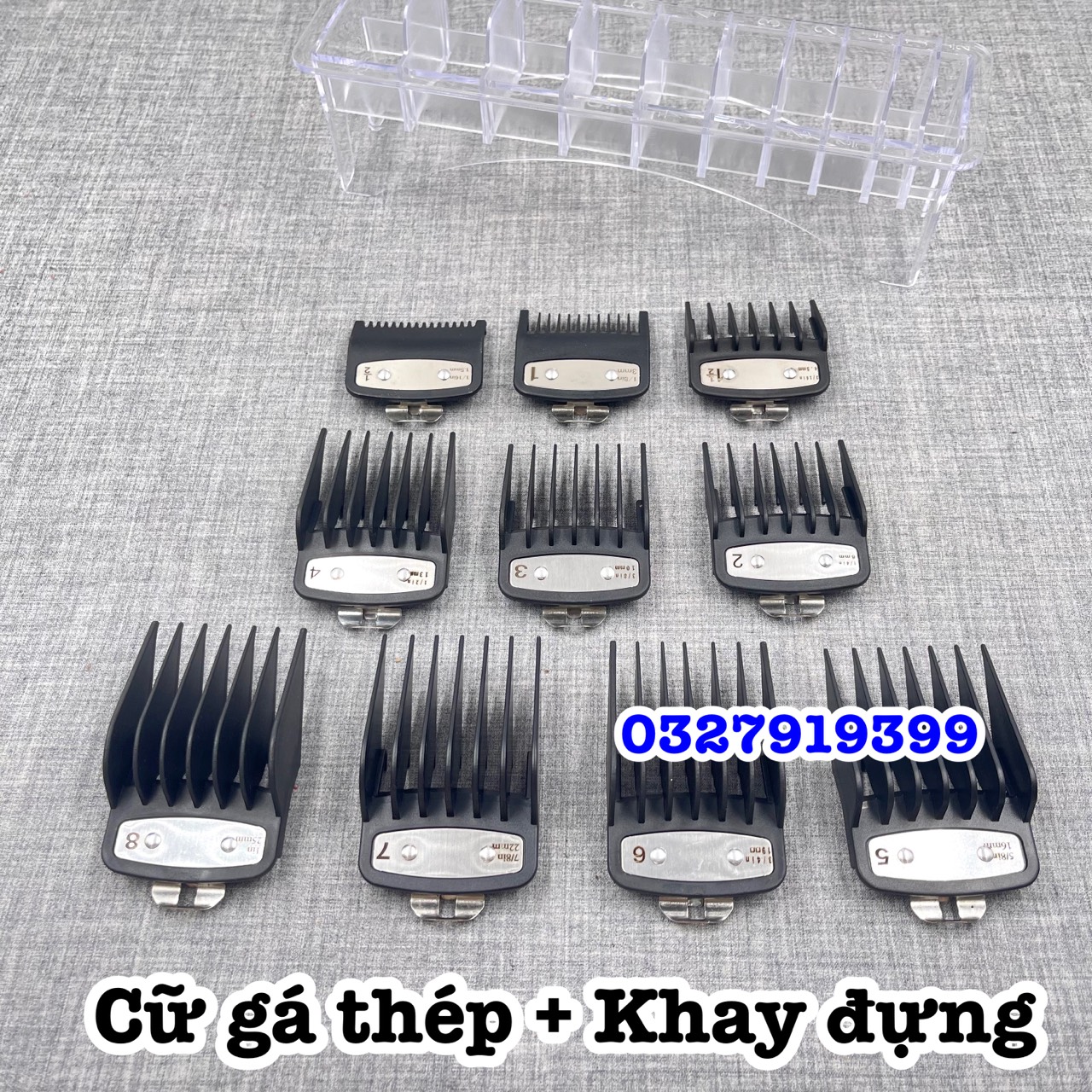 Cữ tông đơ cắt tóc gá thép , bộ 10 cữ - kèm khay nhựa