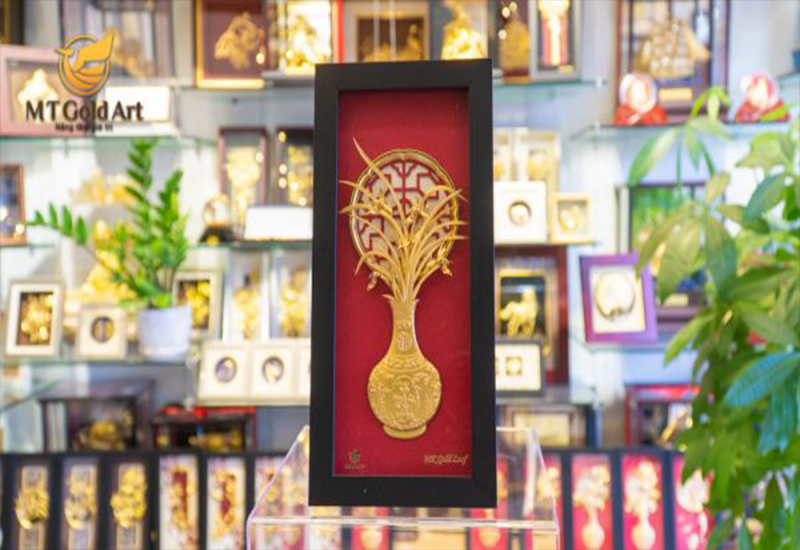 Tranh bình hoa lan dát vàng nền đỏ MT Gold Art- Hàng chính hãng, trang trí nhà cửa, phòng làm việc, quà tặng sếp, đối tác, khách hàng, tân gia, khai trương