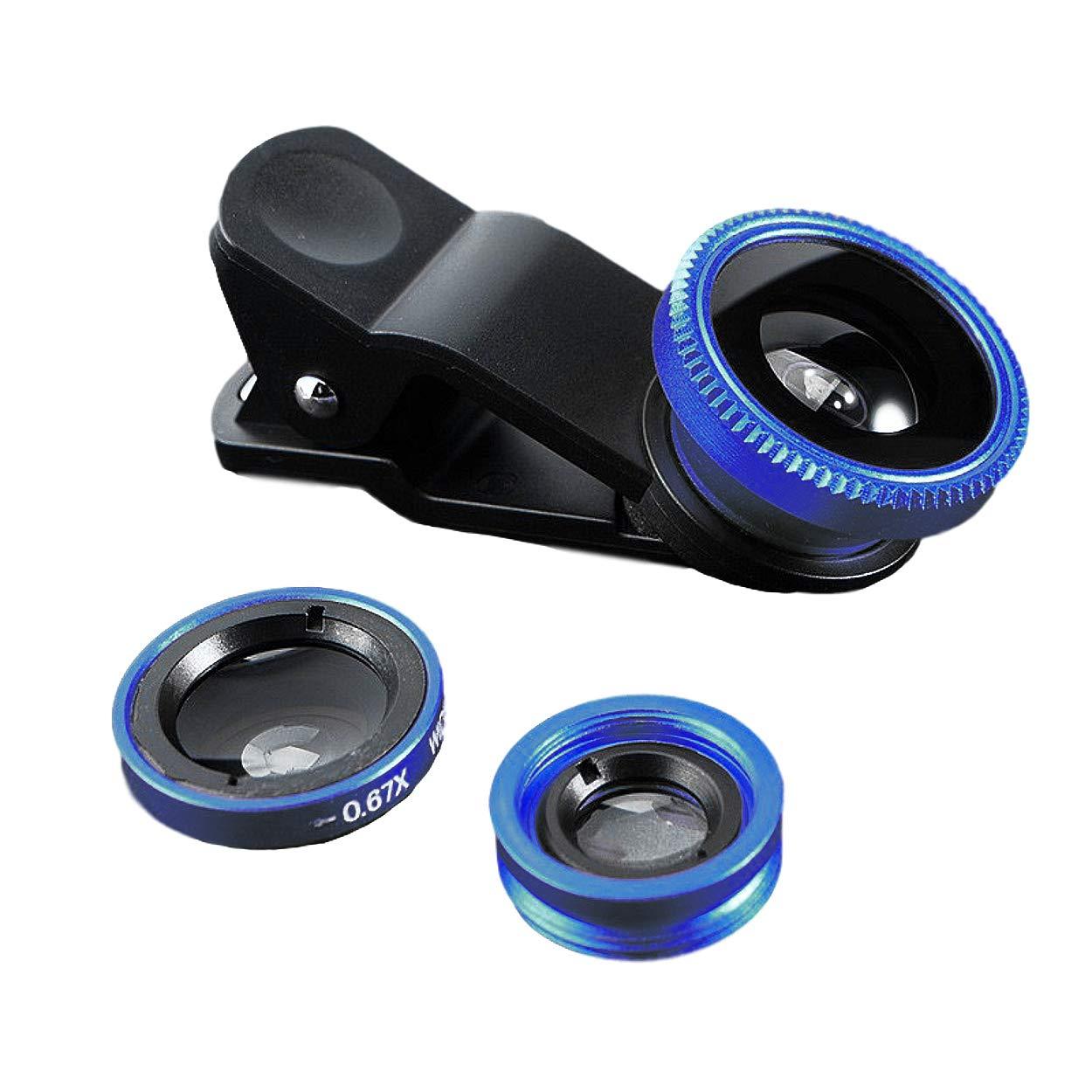 Bộ ống kính điện thoại 3 trong 1 bộ, bộ chuyển đổi camera clip cho điện thoại thông minh - ống kính mắt cá (ống kính 180 ° Fisheye) + góc rộng (rộng 0,67X) + ống kính macro (10X) - Thích hợp cho tất cả các điện thoại di động (màu xanh)