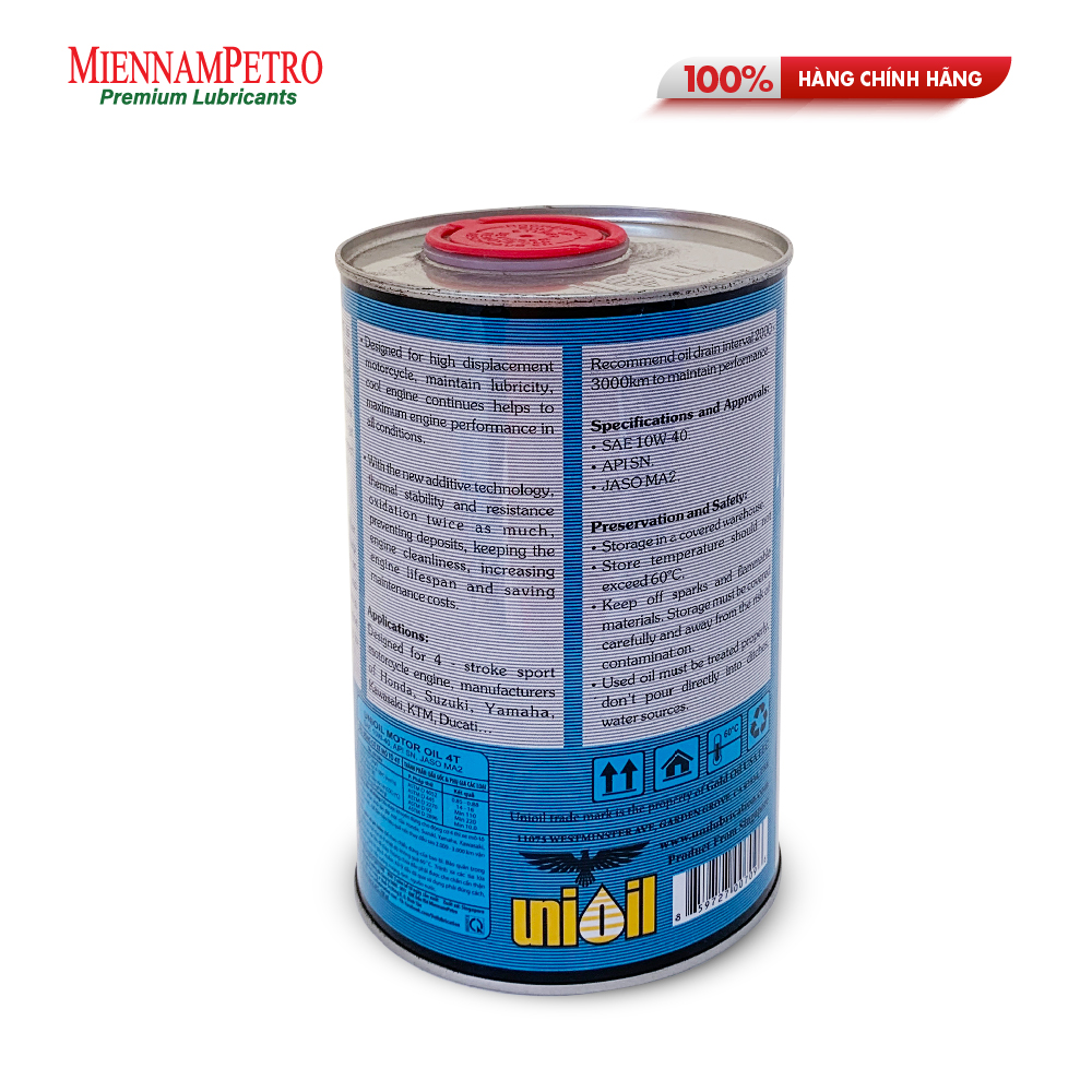 Dầu Nhớt Tổng Hợp MiennamPetro Unioil Motor Oil 4T 10W-40 API SN JASO MA2 946ml Cao Cấp Dành Cho Xe Mô Tô Thể Thao