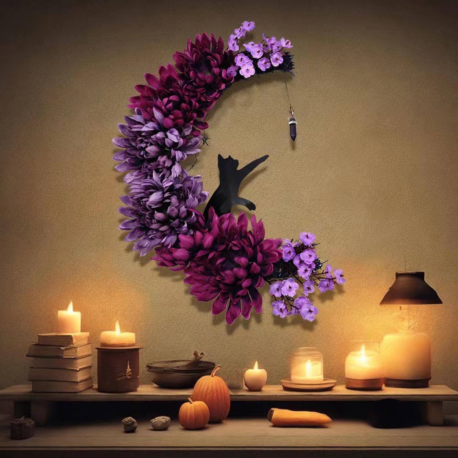 Halloween Moon and Cat Hanging Garland Wreath Decoration 35x25cm for Front Door