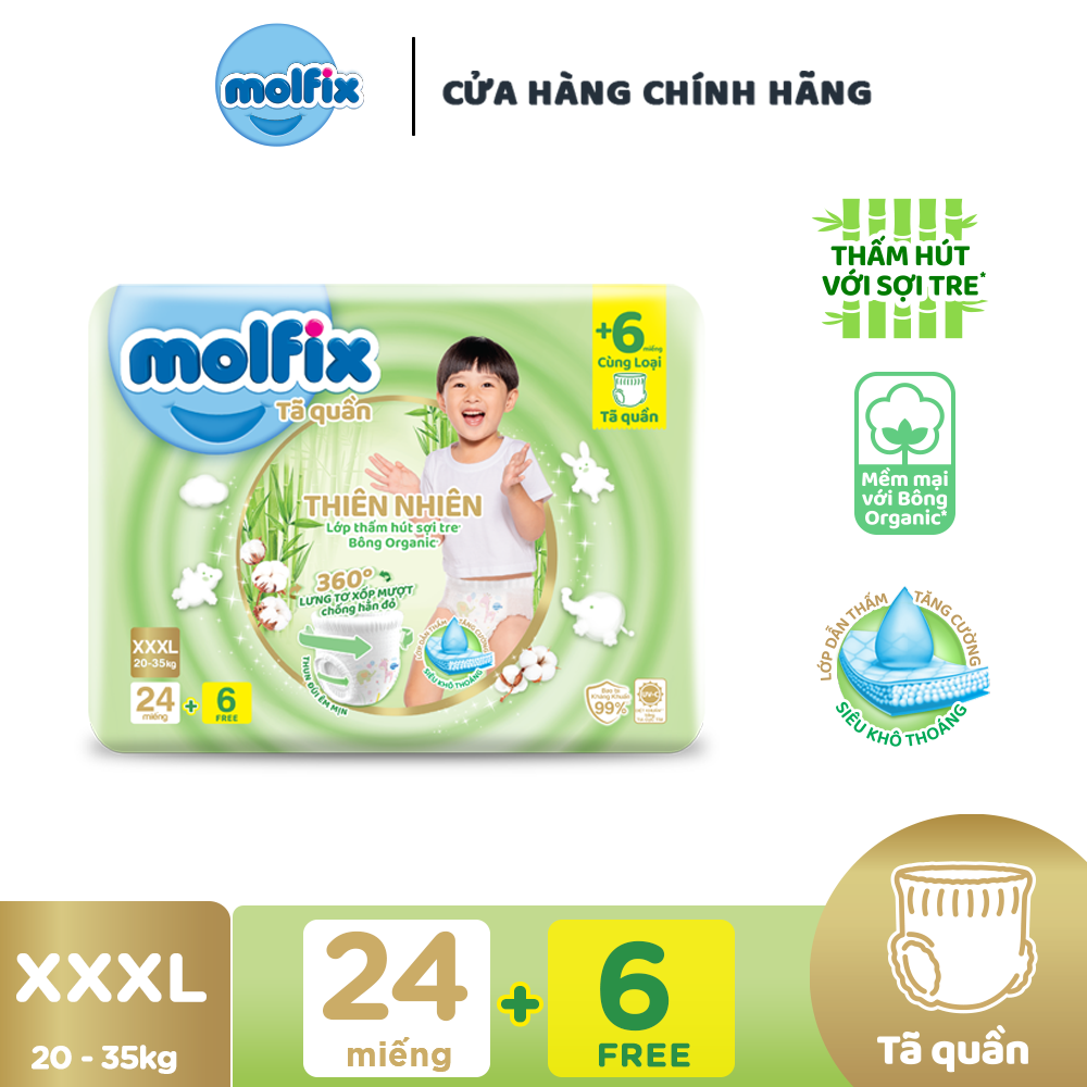 Tã/bỉm quần Molfix Thiên nhiên Jumbo XXXL (20kg - 35kg) - Gói 24+6 miếng