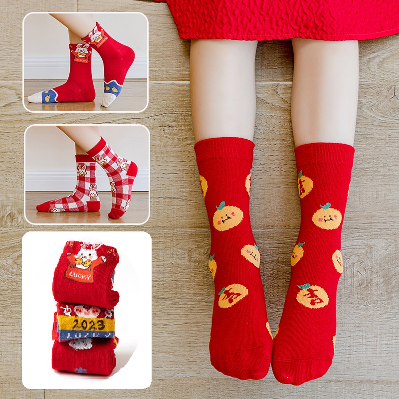 Set 5 Đôi Vớ MINLIU Màu Đỏ Họa Tiết Thỏ Đáng Yêu Cho Bé Gái