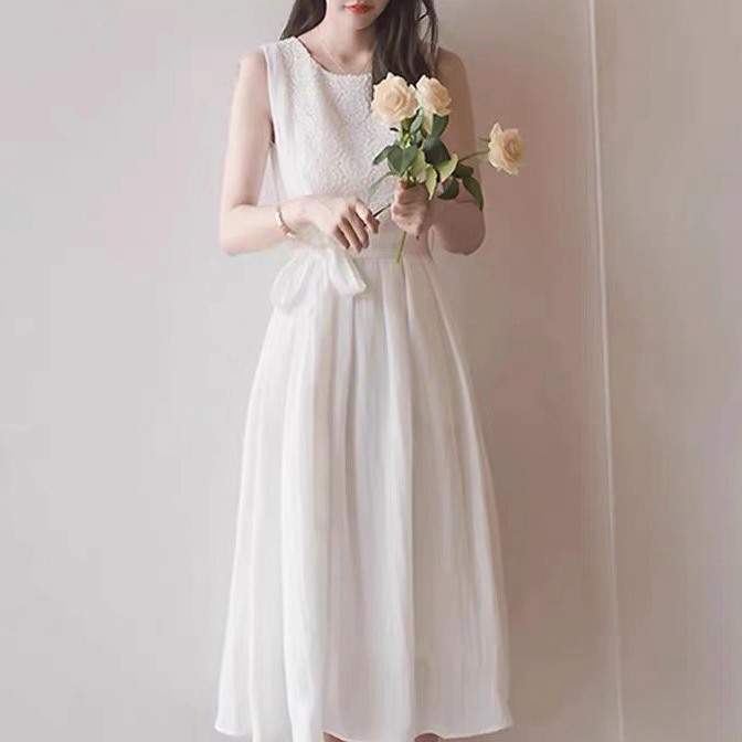 Váy trắng nữ tính khí ngọt ngào váy ren voan dài mã 7075