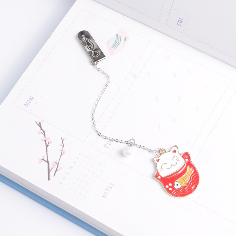 Bookmark Kẹp Sách Kim Loại Phối Charm Mèo Neko May Mắn