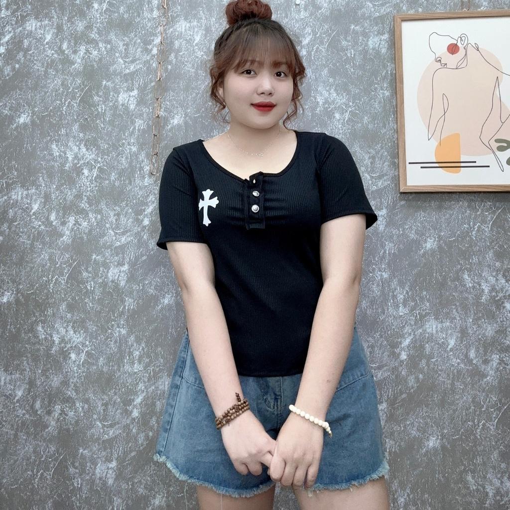 Áo croptop bigsize nữ tay ngắn trụ cổ may cách điệu bèo, Áo thun bigsize ngoại cỡ form rộng 58-95kg- G112