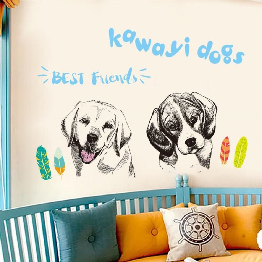 Decal dán tường đôi cún dễ thương Kawaiyi Dogs - Trang trí quán độc đáo