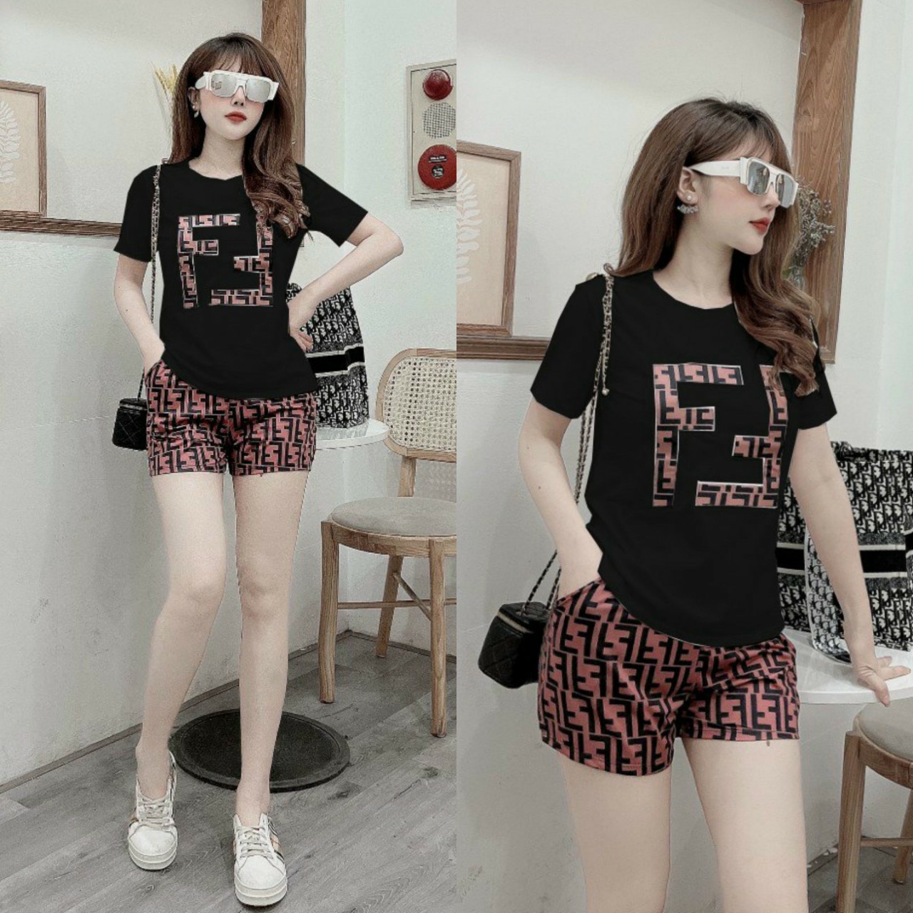 Đồ bộ thun đùi nữ form rộng chữ F