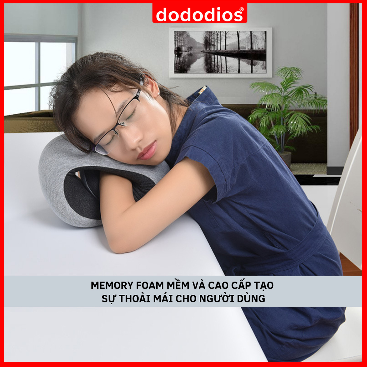 Hình ảnh Gối Ngủ Du Lịch Chất Liệu Memory Foam Mật Độ Cao - Gối Ngủ Văn Phòng Thông Minh Cao Cấp Chính Hãng Dododios – Kèm Túi Vải Nhung Đựng Gối Ngủ Chữ U Văn Phòng