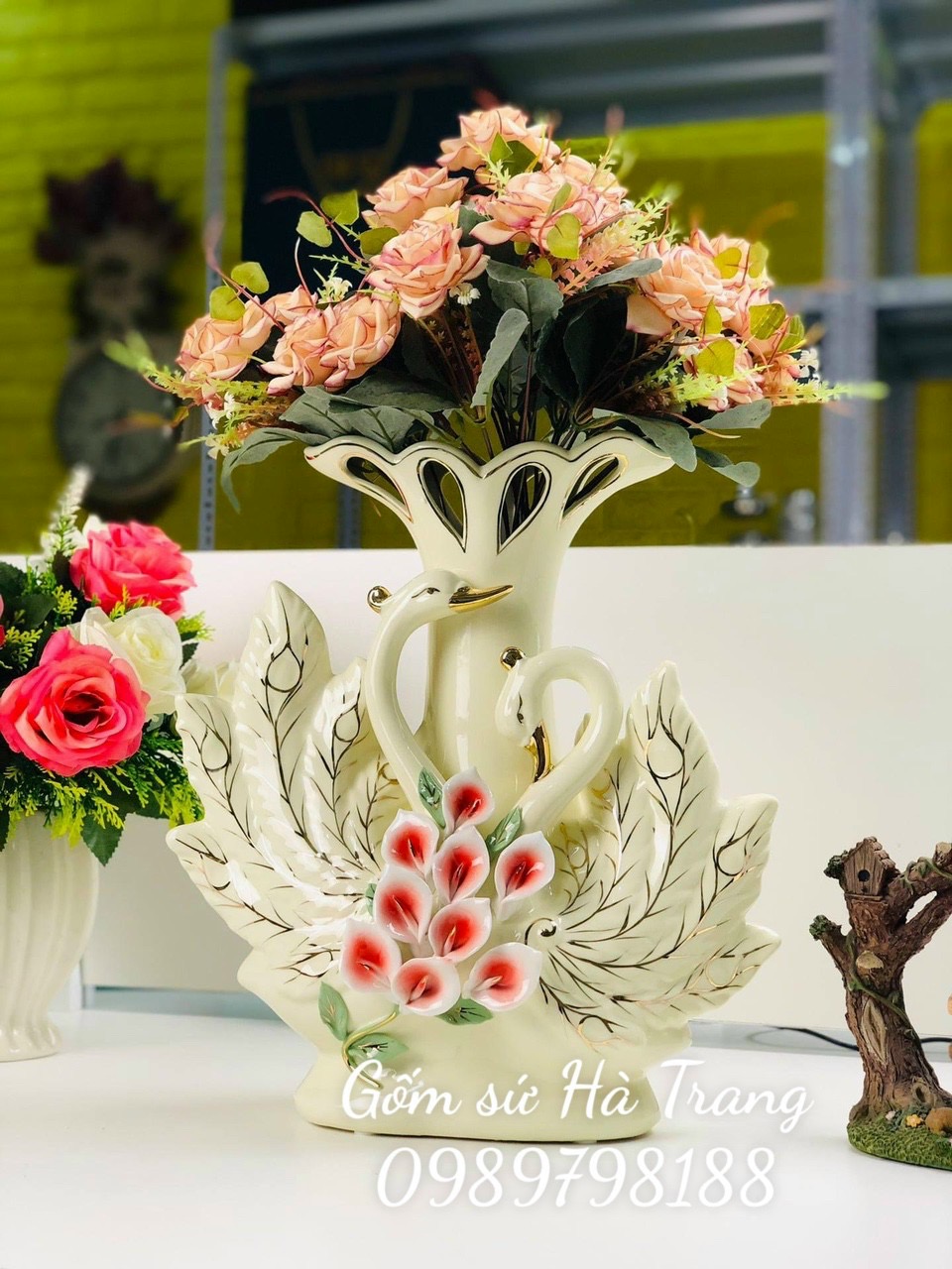 Lọ hoa gốm sứ cao cấp công đôi cao 33cm
