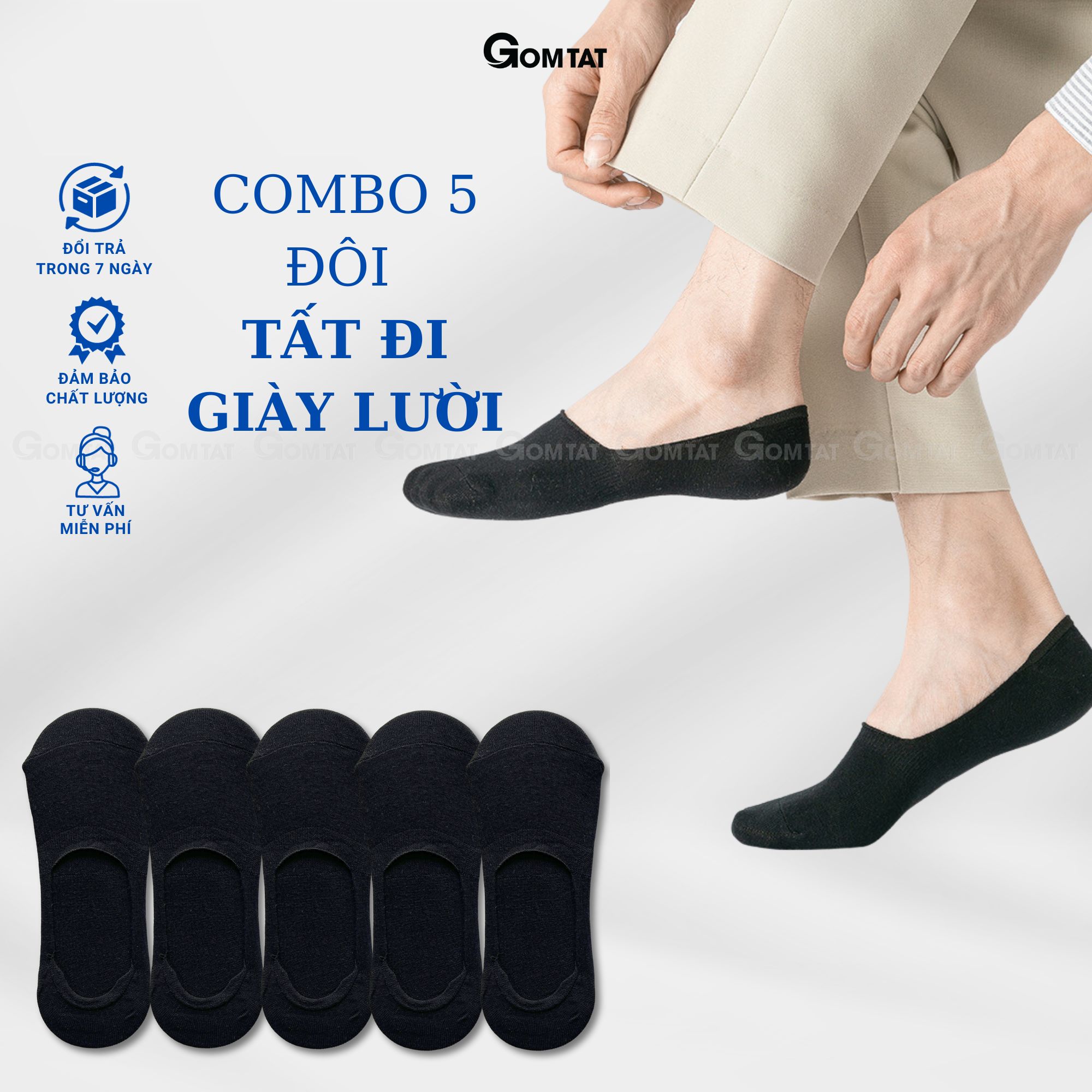 Set 5 Đôi Vớ Lười Nam , Tất Nam đi giày lười có đệm cao su chống trượt gót chân - GOMTAT-LUOI02-CB5
