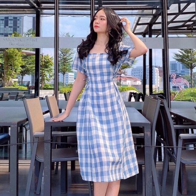 ĐẦM NỮ SUÔNG CARO  DỰ TIỆC ĐI CHƠI CỰC XINH Đầm váy caro xanh cổ vuông đan dây eo