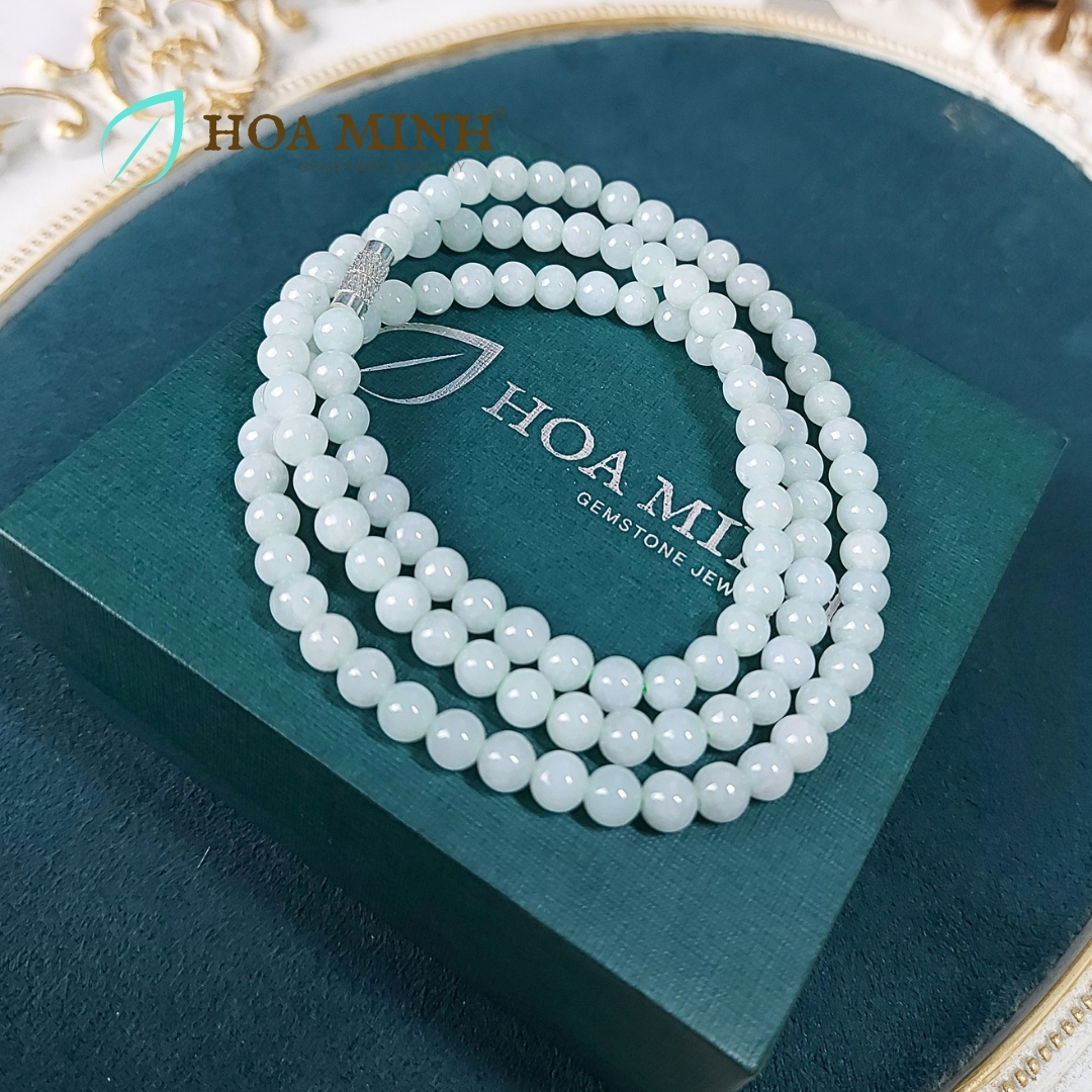 Vòng cổ 108 hạt ngọc Cẩm Thạch A xanh táo size hạt 5.5 li (có thể đeo thành vòng tay) VIP, trong bóng | Hoa Minh Gem