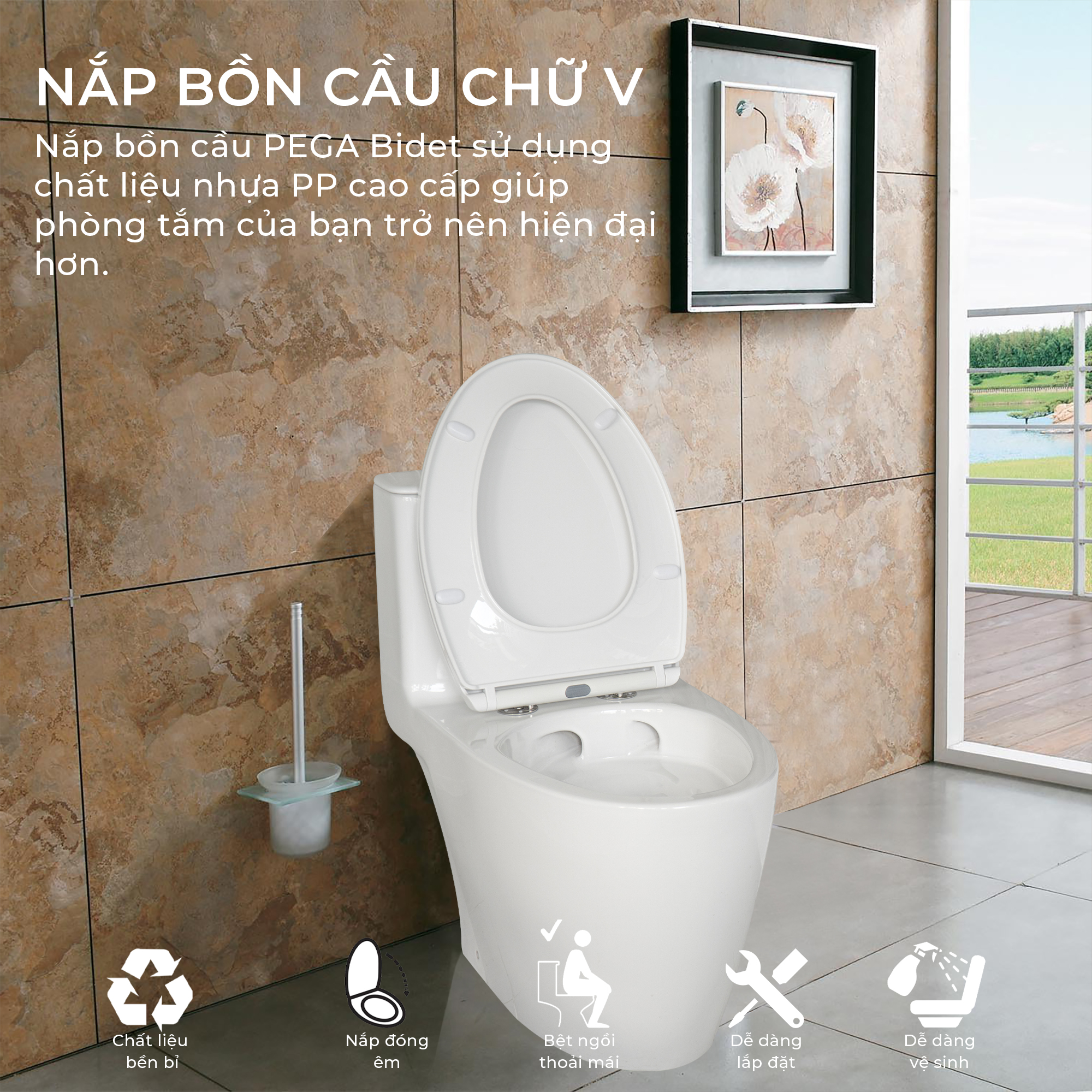 Nắp bồn cầu đóng êm PEGA Bidet dòng PP ECO chất lượng, kinh tế, dễ lau chùi, gắn được cho nhiều loại bồn cầu thông dụng