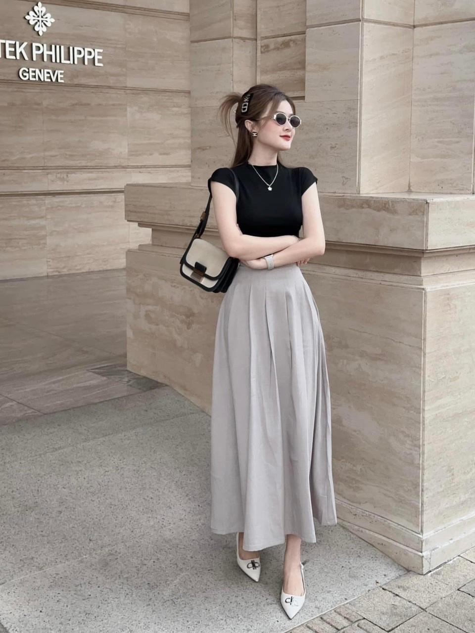 SET ĐI CHƠI, SET 2 MÓN ÁO THUN ZIP PHỐI CHÂN VÁY XÁM CỰC SANG
