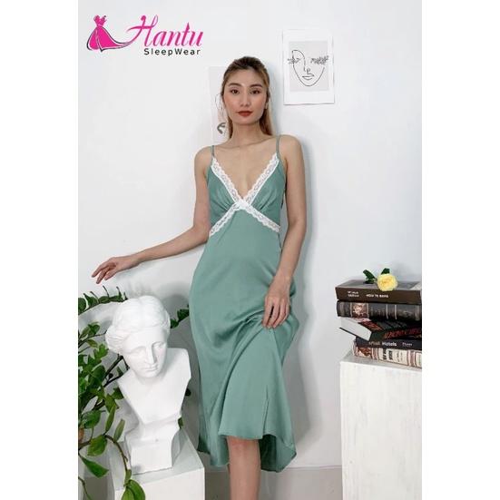 Váy ngủ lụa 2 dây dáng dài qua gối mặc nhà ,đi chơi sang trọng tặng kèm chip ren gợi cảm
