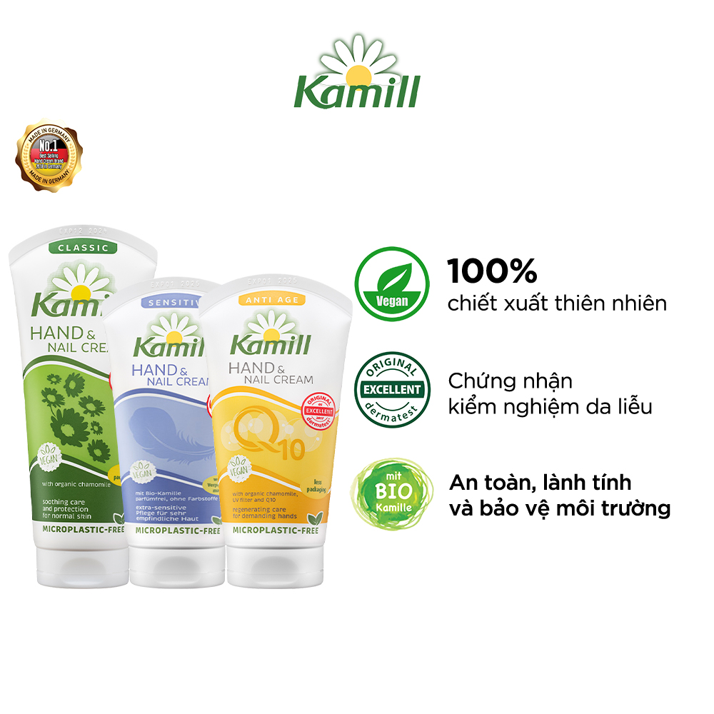 Bộ 3 kem dưỡng da tay và móng tay Kamill Hand &amp; Nail Cream (Classic 100ml + Sensitive 75ml + Anti-age Q10 75ml)