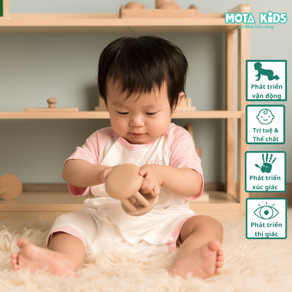 Đồ chơi lồng chuông gỗ cho bé 6-9 tháng Montessori Mota - Rèn luyện vận động tay - Hàng chính hãng